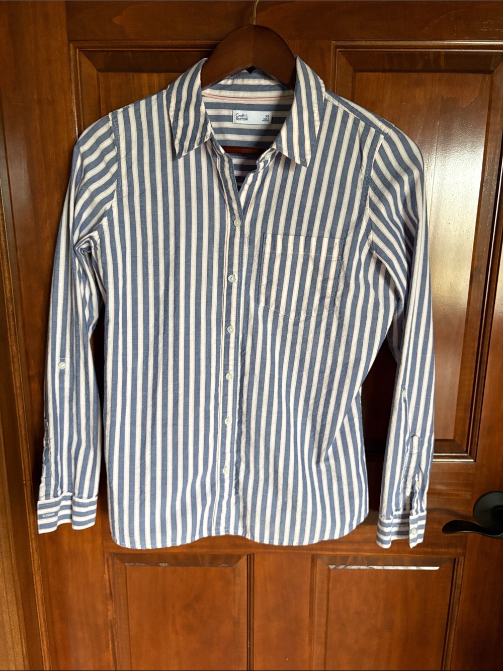 Striped Blue & White w/ Pink Button-Up Shirt - Casual Long Sleeve Women's XS
